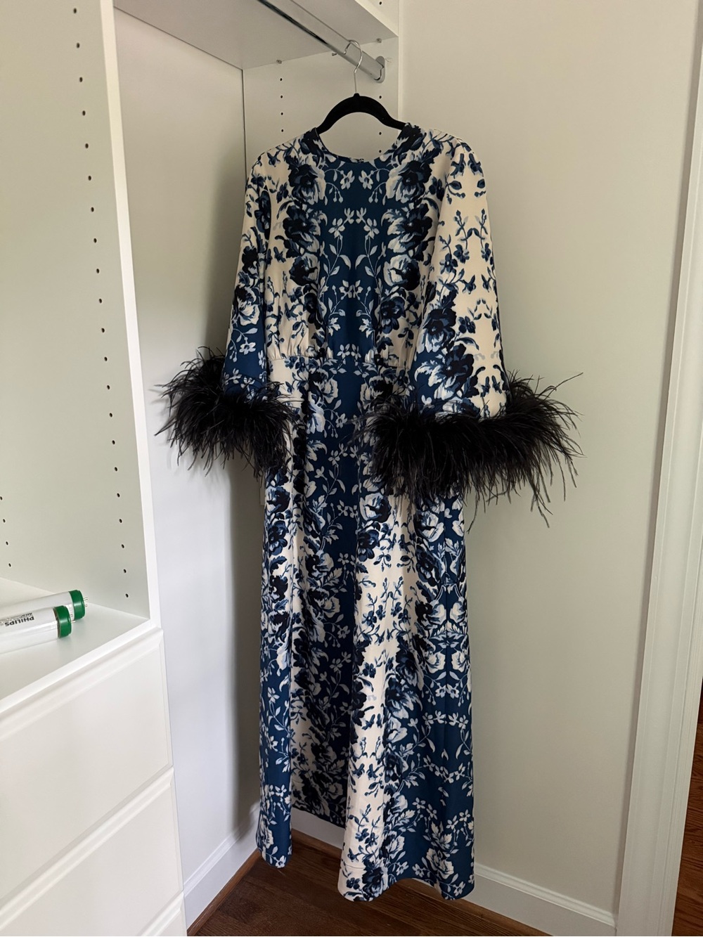 Tuckernuck Blue and Cream Floral Maxi Dress with Feather Cuffs